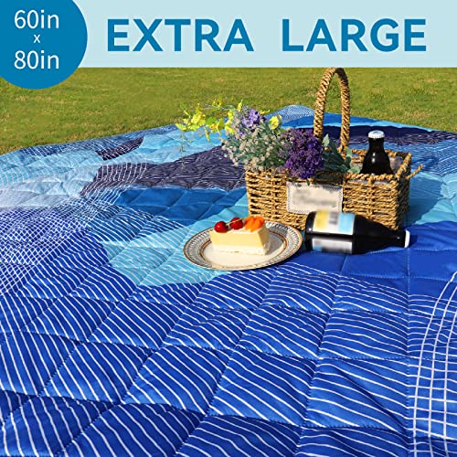 Whale Flotilla Extra Large Waterproof Picnic Blankets 60"x80", Foldable Lightweight Outdoor Blanket for Camping, Hiking, Traveling, Soft Portable Easy to Clean Picnic Mat for Beach Grass Park, Blue - color: Blue