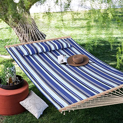 SUNCREAT Hammocks Quilted Fabric Hammock, Double Hammock with Spreader Bar, Soft Pillow, Max 475lbs Capacity, Blue Stripes - color: Blue Stripes