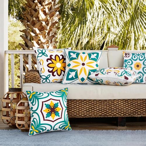 Pyonic Waterproof Outdoor Pillow Covers 18x18 inch Set of 4 Morocco Vintage Floral Boho Throw Pillow Covers Water Resist Outdoor Pillows for Patio Furniture Garden Yard,Turquoise - color: Turquoise, size: 18" x 18" (Pack of 4)