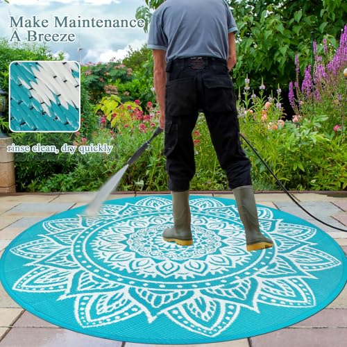 famibay Round Outdoor Rugs for Patios 5 Ft Round Outdoor Rug Waterproof Round Patio Rug Outdoor Plastic Straw Rug Lightweight Boho Outdoor Carpet Mats for Patio Backyard Camping Porch(Teal) - color: Teal, size: Round 5ft