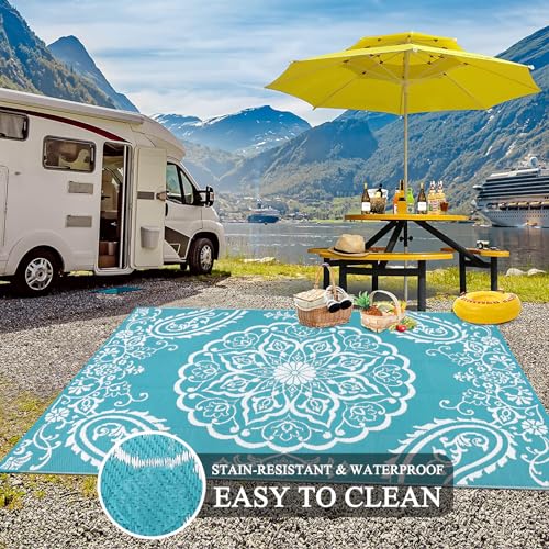 Pauwer Reversible Outdoor Rug, 6'x9', Waterproof Polypropylene Patio Mat, RV, Balcony, Deck, Beach, Picnic - color: Boho Teal, size: 6' x 9' (Rectangular)
