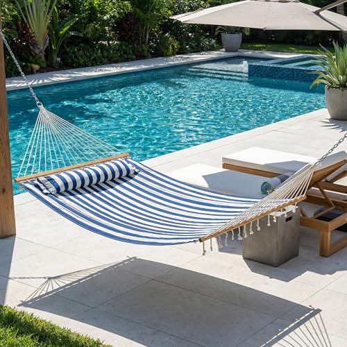 Sunnydaze Quilted Double Hammock for Outside with Spreader Bars and Pillow - 450 lb Capacity, 74x55 Inch Bed, UV Resistant, Quick Dry - Chains Included, Stand Sold Separately - Blue & White Stripe - color: Blue/White Stripe