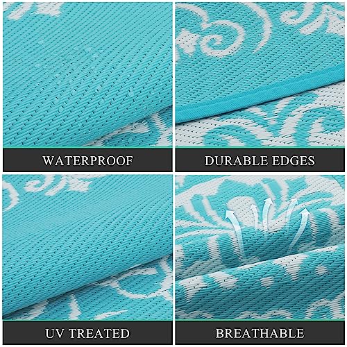 Pauwer Waterproof Outdoor Rug 6ft, Reversible Plastic Straw Patio Camping Rug, Indoor Outdoor RV Mat Carpet for Deck, Camper, Porch, Balcony, Backyard, Picnic, Floral Teal - color: Floral Teal, size: 6' (Round)