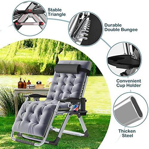NAIZEA Padded Zero Gravity Chair, Folding Outdoor Lounge Chairs, Adjustable Reclining Camping Chairs with Cup Holder, Ergonomic Patio Lawn Chair for Balcony Beach Deck Yard - color: Grey, style: Zero Gravity Chair 2 Pack