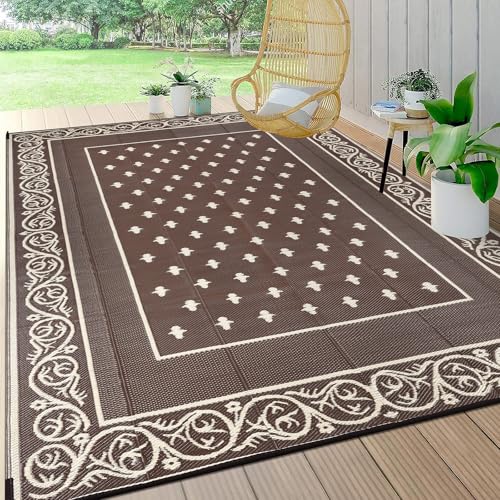 Pauwer Waterproof Outdoor Rug 8x10, Reversible Plastic Straw Patio Camping Rug, Indoor Outdoor RV Mat Carpet for Deck, Camper, Porch, Balcony, Backyard, Picnic, Bordered Brown - color: Bordered Brown, size: 8' x 10' (Rectangular)