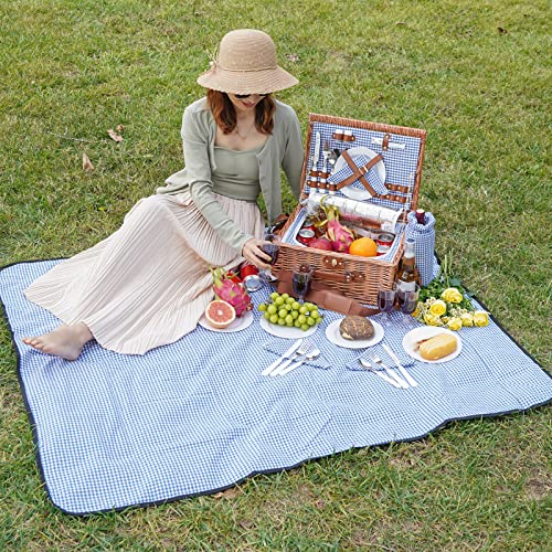 Picnic Baskets for 2, Picnic Basket with Waterproof Blanket, Picnic Basket Set with Washable Beach Mat & Large Insulated Cooler Compartment, Handmade Natural Wicker Hamper for Camping, Outdoor Party - style: BlueCheck-2P