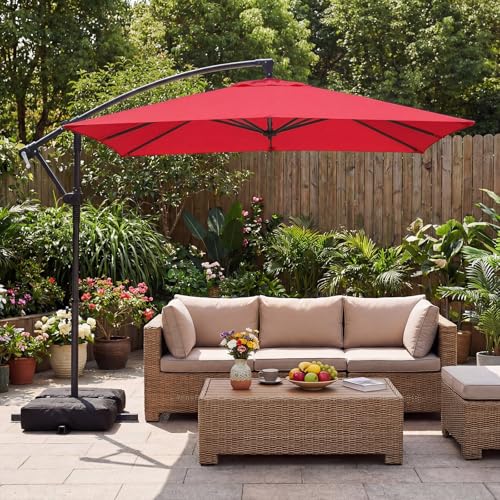 Tangkula 8x8 FT Patio Umbrella with Base Included, Square Offset Cantilever Outdoor Umbrella with 360 Degree Rotation, Crank Handle, Sandbags, 8 Ribs for Pool Deck Garden Backyard - color: Red, size: 8 FT