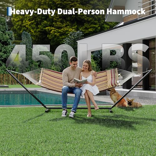 2 Person Double Hammock with Adjustable Steel Stand & Pillow, Heavy Duty Portable Outdoor Hammock Set, MAX 450 LBS Weight Capacity for Patio, Garden, Beach, Backyard - color: V-wine Red & Brown-yellow Striped