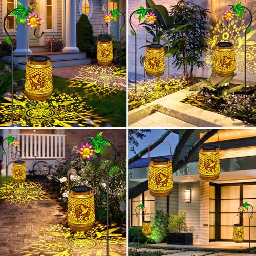 Mothers Day Gifts Solar Lanterns Outdoor Waterproof Hummingbird with Shepherd Hook,Hummingbird Garden Decor Birthday Gifts for Women Mom,Hanging Solar Lights Metal Bird Decorative for Yard,Patio,Porch - style: solar hummingbird sunflower lanterns