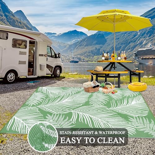 Pauwer Waterproof Outdoor Rug 6x9, Reversible Plastic Straw Patio Camping Rug, Indoor Outdoor RV Mat Carpet for Deck, Camper, Porch, Balcony, Backyard, Picnic, Leaf Green - color: Leaf Green, size: 6' x 9' (Rectangular)