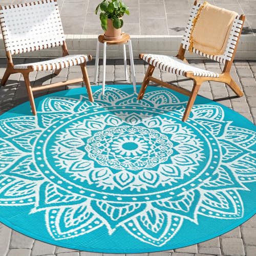 famibay Round Outdoor Rug 6ft Outdoor Plastic Straw Rug Boho Round Patio Rugs Outdoor Waterproof Reversible Camping Rug Potable Lightweight Circle Outdoor Rug for Patios Backyard Camping Porch(Teal) - color: Teal, size: Round 6ft
