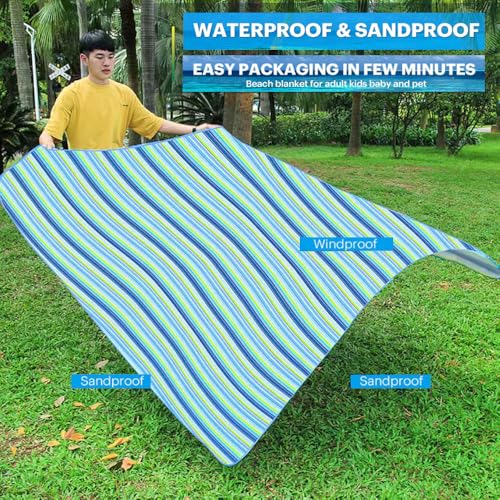 RUIBOLU Large Picnic Blanket, Beach Blankets(80X60) Inch Sandproof Beach Mat for 3-5 Adults Waterproof Quick Drying Outdoor Picnic Mat for Travel Camping Park Lawn (Blue Stripes) - color: Blue Stripes