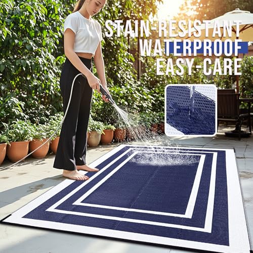 OLANLY Outdoor Rug 6x9 ft Waterproof, Reversible Outdoor Plastic Straw Rug, RV Mat, Indoor Outdoor Carpet Clearance for Patio, Camping, Balcony, Deck, Backyard, Navy & White - color: Navy Blue & White, size: 6' X 9' (Rectangular)