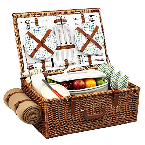 Picnic at Ascot Original Dorset English-Style Willow Picnic Basket with Service for 4 and Blanket- Designed, Assembled & Quality Approved in the USA - color: Wicker With Gazebo Plates/Napkins