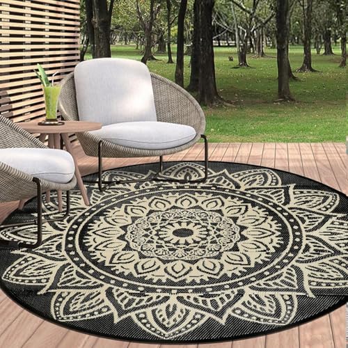 Round Outdoor Rugs for Patios 5ft Boho Plastic Outdoor Rug Waterproof Reversible Circle Outside Rugs Lightweight Portable All Weather Outdoor Carpet for Patio Backyard Porch(Black Camel) - color: Black Camel, size: Round 5ft