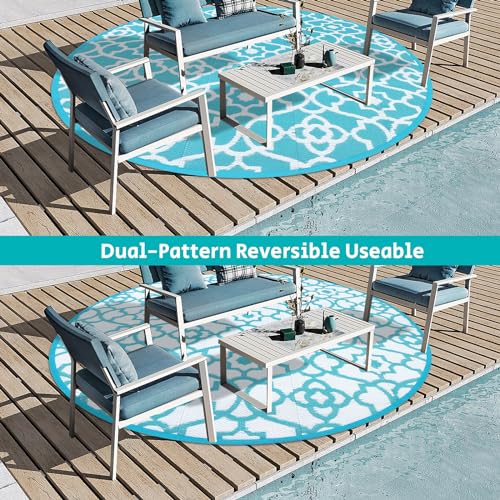HEBE Outdoor Rug Waterproof 8ft, Plastic Straw Rug Camping Rug, Reversible Outdoor Patio Rugs RV Mat Clearance, Indoor Outside Floor Carpet for Porch,Deck,Camper,Balcony,Backyard - color: Teal, size: 8' (Round)