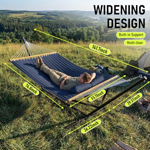 FULIYE Double Hammock with Stand for Outdoor，2 Person Heavy Duty Portable Hammock with Adjustable Steel Stand and Balance Ropes Included – for Patio, Backyard, Garden, Beach (Purplish Blue)