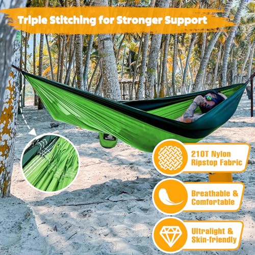 NATUREFUN Ultra-Light Travel Camping Hammock | 300kg Load Capacity,Breathable,Quick-Drying | 2 x Premium Carabiners,2 x Nylon Slings Included | Outdoor Indoor Garden - color: Light Green/Dark Green, size: 275x140cm