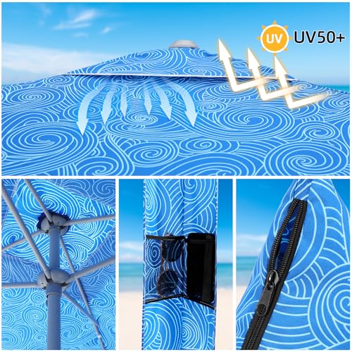 Jihfmo Beach Cabana, 6.2'×6.2' Beach Canopy with Side Wall, UPF 50+ UV Protection Easy Setup Tent Sun Shelter with Sand Pockets for Whole Family(Surging Waves) - color: Surging Waves