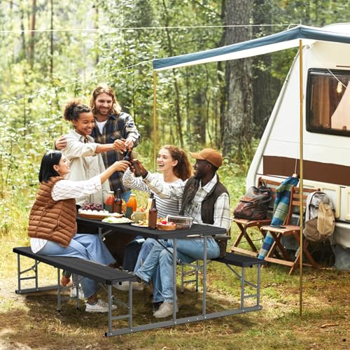 VINGLI Folding Picnic Table and Bench Set, Portable Outdoor Dining Furniture for Camping, Patio, Backyard, Wood Grain Plastic Top with Metal Frame (Black) - color: Black, style: Standard