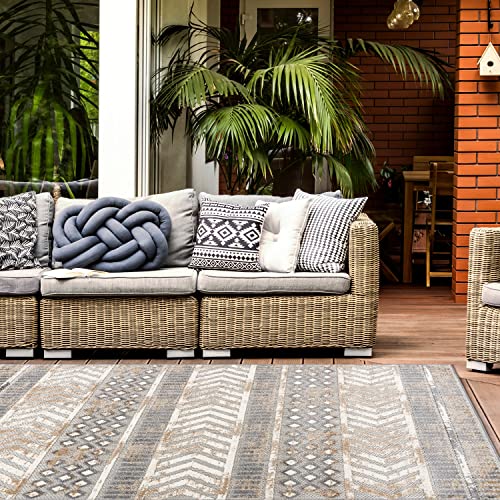 Rugshop Distressed Geometric Indoor/Outdoor Beige Area Rug Modern Tribal Stripe, Durable Stain Resistant Perfect for Patio, Backyard, Deck and Outdoor Lounge 7'10" x 10' - size: 7'10" x 10' (Rectangular)