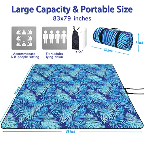 PY SUPER MODE Picnic Blankets Extra Large, Waterproof Foldable Outdoor Beach Blanket Oversized 83x79” Sandproof, 3-Layer Picnic Mat for Camping, Hiking, Travel, Park, Concerts(Blue Leaves) - color: Blue Leaves