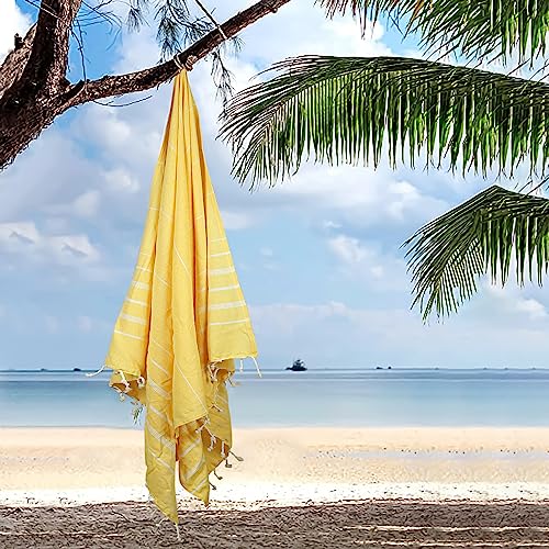 HILLFAIR Cotton Turkish Beach Towels, Quick Dry Lightweight Sand Free Peshtemal Towel for Bath Swim Yoga Spa Travel, Beach Accessories, Oversized Cotton Turkish Towels (39 x 72 inch- 4 Pack Yellow) - color: Yellow, size: 39 x 72 inch ( Beach towel - 4 PAC