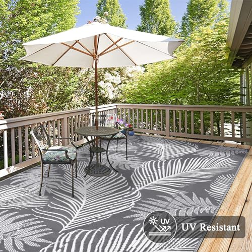 Pauwer Waterproof Outdoor Rug 6x9, Reversible Plastic Straw Patio Camping Rug, Indoor Outdoor RV Mat Carpet for Deck, Camper, Porch, Balcony, Backyard, Picnic, Leaf Grey - color: Leaf Grey, size: 6' x 9' (Rectangular)