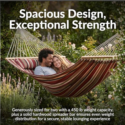 Sunnydaze Quilted Double Hammock for Outside with Spreader Bars and Pillow - 450 lb Capacity, 74x55 Inch Bed, UV Resistant, Quick Dry - Chains Included, Stand Sold Separately - Awning Stripe - color: Awning Stripe