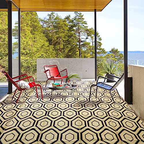 fifame Outdoor Camping Rugs, 9x12 Outdoor Rug Patios Clearance Plastic Straw Rug Weatherproof Reversible Mats, Large Floor Mat for Outdoors, RV, Patio, Backyard, Deck, Picnic, Beach, Trailer, Camping - color: Off-white & Black, size: 9' x 12'