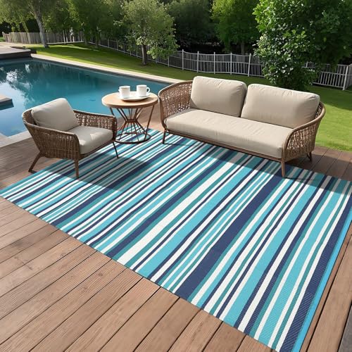 GarveeHome 9x18 Outdoor Rug Geometric Reversible Plastic Straw Outdoor Rugs Colorful Striped Outdoor Carpet UV Resistant Portable Large Modern Rug for Camping Beach Porch RV Deck, Navy Blue Teal - color: Geometric Stripes| Navy Blue Teal, size: 9' x 18' (