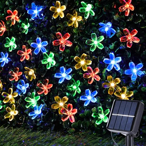 Joomer Outdoor Solar String Lights, Flower String Lights, 50LED Cherry Blossoms String Light 8 Modes Memory Function Waterproof for Garden, Patio, Fence, Yard, Outdoor Decor (Multicolor)