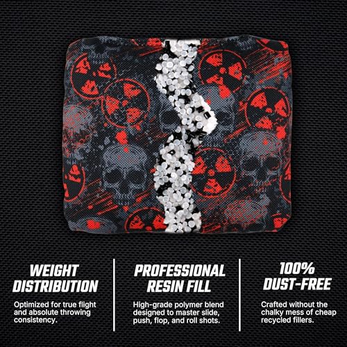 Professional Cornhole Bags Set of 8 - Dual Sided Stick & Slide (Suede/Woven) - Premium Resin Filled Regulation Weight & Size (6x6, 16oz) - Double Stitched Reinforced Seams with Carry Tote - color: Radioactive Skulls