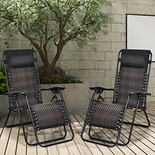 COSTWAY 2PCS Zero Gravity Lounge Chairs, Patio Rattan Recliner with Pillow, Lockable, Foldable & Lightweight, Suitable for Outdoor Use (Mix Brown) - color: Mix Brown