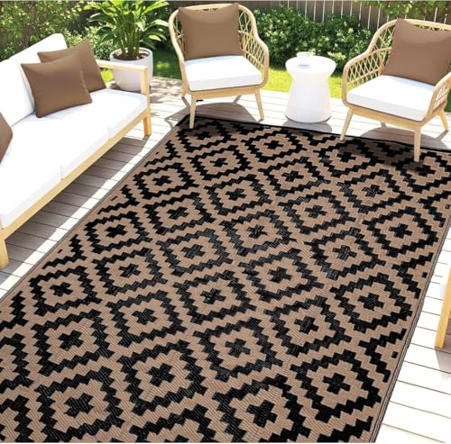 Outdoor Rugs, Outdoor Plastic Straw Rug, Reversible Waterproof Carpet for Camping, Poolside, Garden, BBQ Area, Gazebo Flooring, RV Park & Beach, Square Pattern, Black & Brown, 5'x8' - color: Square Frames - Black & Brown, size: 5' x 8'