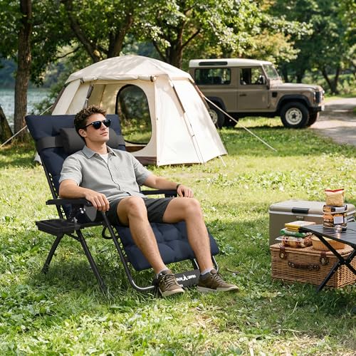 Amopatio Oversized Padded Zero Gravity Chair, XL 29In Reclining Camping Lounge Chair w/Removable Cushion&Headrest, Upgraded Lock and Footrest, Folding Patio Recliner for Indoor Outdoor, Navy - color: Blue XL, size: 29in