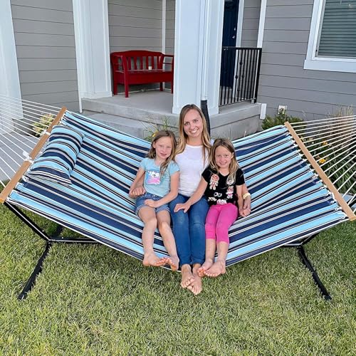 Lazy Daze Hammocks 12 FT Quilted Fabric Double Hammock with Spreader Bars and Detachable Pillow, 450lbs Weight Capacity - color: Aqua Navy