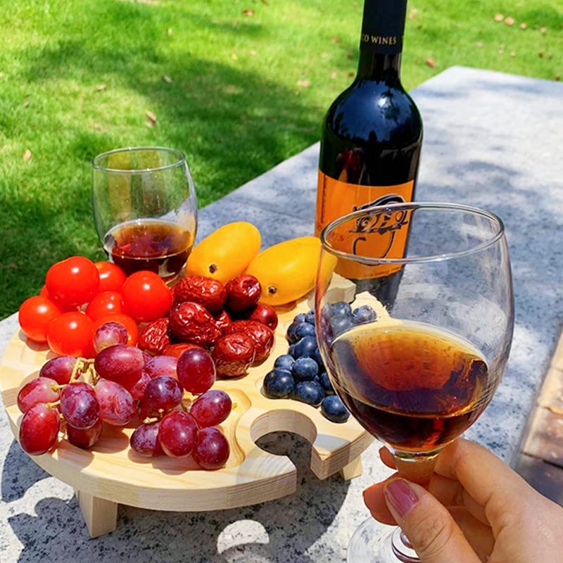 Wooden Folding Picnic Table with Wine Glass Holder - Portable Creative 2 in 1 Wine Glass Rack & Compartmental Dish for Cheese and Fruit for Outdoor, 11.81D x 11.81W x 6.29H in