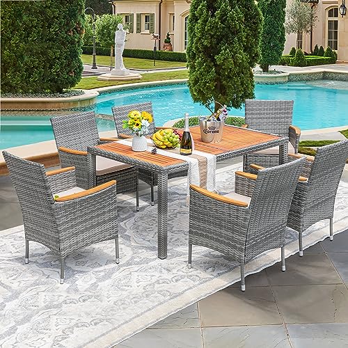 Devoko Dining 7 PCS Furniture, Patio Conversation Set with Acacia Wood Table Top, Outdoor, Beige Cushion and Grey Rattan - color: Grey, style: 7 Piece Dining Set