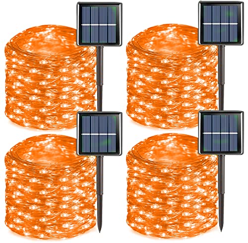 QITONG 4 Pack Solar Fairy Lights, Each 33ft 100 LED Orange Christmas String Light Outdoor Waterproof, 8 Modes Silver Wire Twinkle Mini Lights - color: Orange, size: 4Pack*100LED