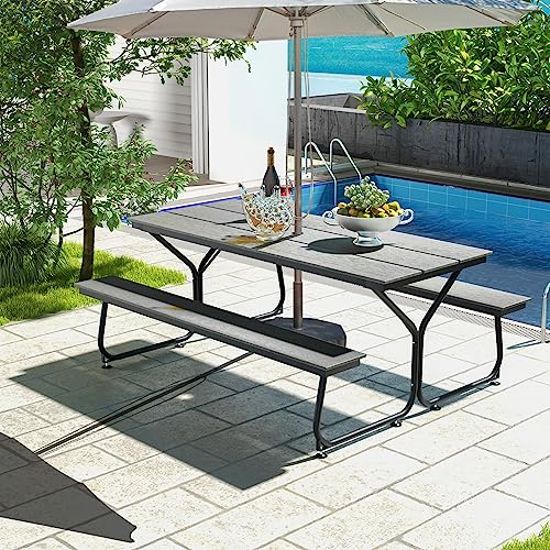 Giantex 6 FT Outdoor Picnic Table Bench Set for 6-8 People, 2400 LBS Capacity Patio Dining Table & 2 Benches with Metal Frame & HDPE, Balcony Conversation Set for Poolside Deck Garden (Gray) - color: Grey