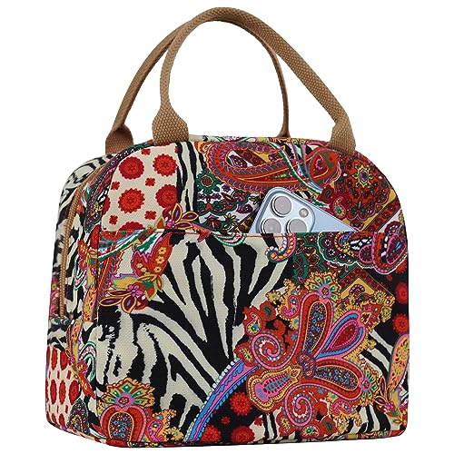 EurCross Aesthetic Lunch Box Bag for Women Daily Use,Boho Stylish Elegant Canvas Insulated Adult Lunch Bento Box Tote Bag - color: Boho-red