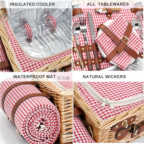 Picnic Basket with Blanket and Wine Pouch for 4, Wicker Picnic Set with Insulated Liner Cooler Bag Hamper for Camping,Wedding - Red Gingham - color: Red Gingham With Blanket for 4