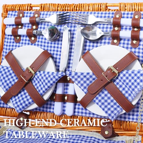 Neti Neti Wicker Picnic Basket for 4 with Insulated Cooler & Waterproof Blanket – Large Willow Picnic Hamper for Outdoor, Camping, Beach, Romantic Dates, Valentine’s Day - color: Blue Plaid