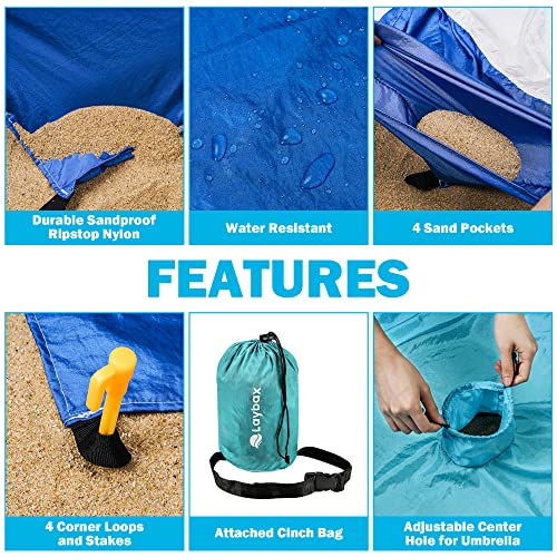 Blue Beach Blanket with Umbrella Hole 7ftx5ft- Water Resistant, Sandproof, Lightweight, Rip-Stop Nylon with Umbrella Hole & Sand Pockets, Camping Essentials, Beach Canopy Compatible - color: Blue, size: 7x5