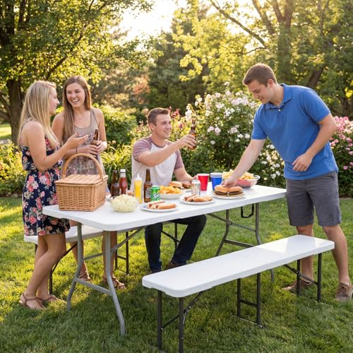 Byliable Folding Table 6ft, Heavy Duty Portable Plastic Fold-in-Half Utility Table with Carrying Handle for Indoor Outdoor, Camping Picnic Party, White - color: White, size: 6FT