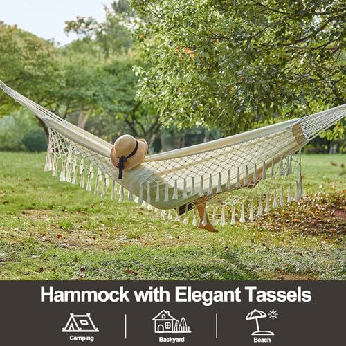 CHULIM Brazilian Double Hammock with Tree Straps,Extra Large 94x63IN,2 Persons Hammock for Backyard Patio Outdoor Indoor,450lbs Weight Capacity,Soft Woven Cotton Fabric - Natrual White with Tassels - color: Natrual White With Tassels