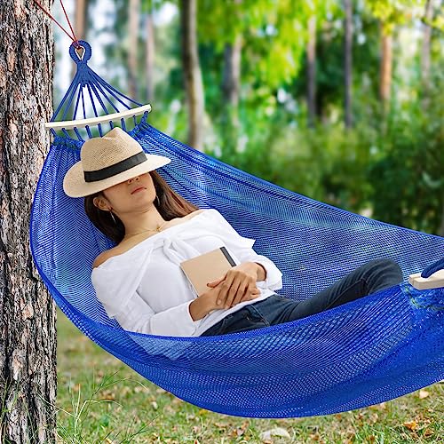 Outdoor Hammock, Super Soft and Breathable Mesh Hammock Made of Cool Nylon with Wooden Bars for Indoor, Balcony, Terrace, Garden, Camping, Backpacking - color: Blue