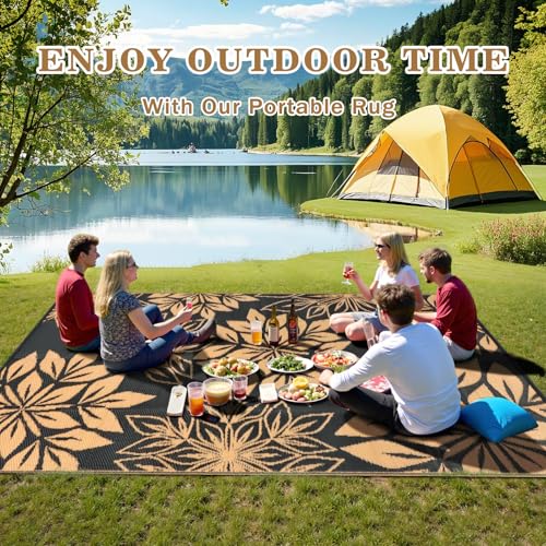 Large Waterproof Outdoor Rug 5' x 8', Reversible Black & Brown Plastic Woven Carpet, Fade & UV Resistant, Stain Proof, Portable RV Camping Mat for Deck, Porch, Patio, Garden, Picnic - color: Black, size: 5' x 8' (Rectangular)