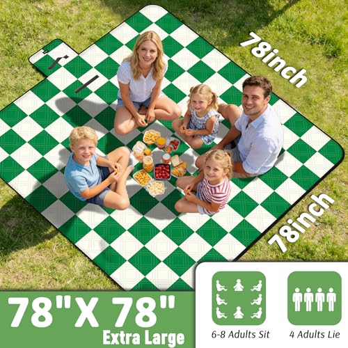 Doonly Picnic Blanket, 78" x 78" Large Waterproof Sandproof Beach Blanket, Foldable Outdoor Blanket Gingham Picnic Mat for Beach, Camping, Park, Grass, Lawn, Travel (Green) - color: Green